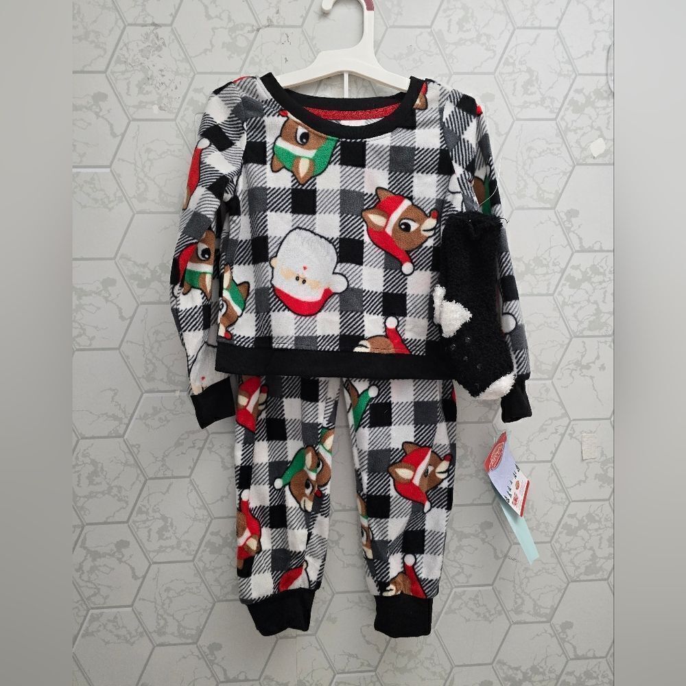 Nwt Girl's Size XS 4/5 Christmas Rudolph Cozy Pajama set w socks, 3pc